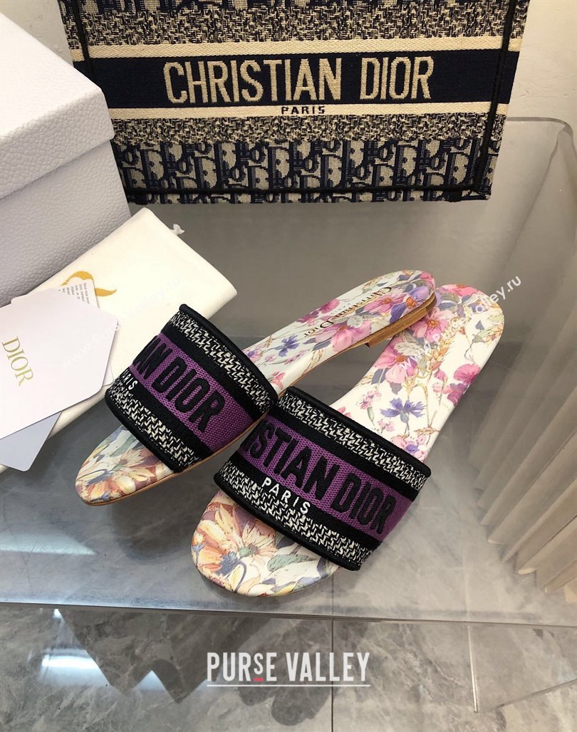 Dior Dway Flat Slides Sandal in Purple Multicolor Cotton and Embroidered Dior 4 Saisons Éte Motif NO.164 (MD-240702026)