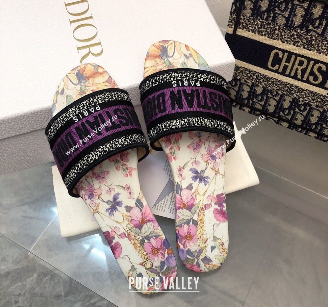 Dior Dway Flat Slides Sandal in Purple Multicolor Cotton and Embroidered Dior 4 Saisons Éte Motif NO.164 (MD-240702026)