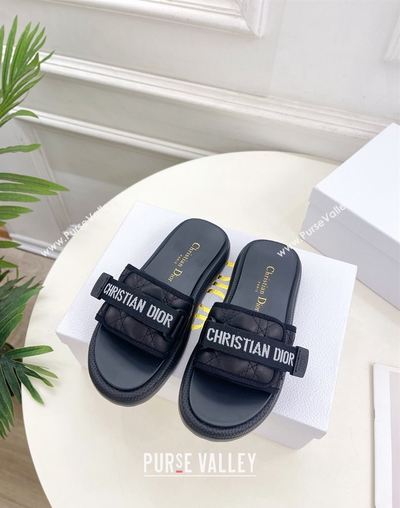 Dior Dioriviera Dio(r)evolution Platform Slides Sandal 3cm Cannage Leather-Effect Fabric Black 2024 (MD-240702052)