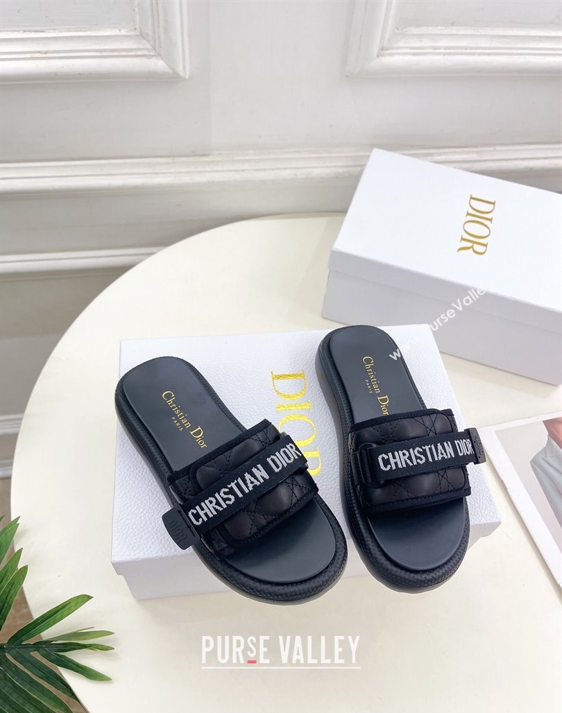 Dior Dioriviera Dio(r)evolution Platform Slides Sandal 3cm Cannage Leather-Effect Fabric Black 2024 (MD-240702052)