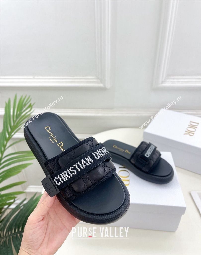 Dior Dioriviera Dio(r)evolution Platform Slides Sandal 3cm Cannage Leather-Effect Fabric Black 2024 (MD-240702052)