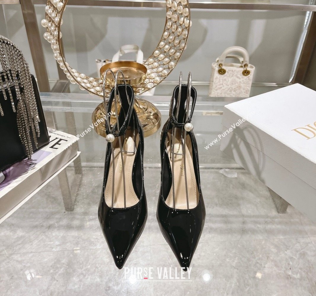 Dior Tribales Pumps 8.5cm with Pearl Ankle Strap in Patent Calfskin Black 2024 (MD-240702060)