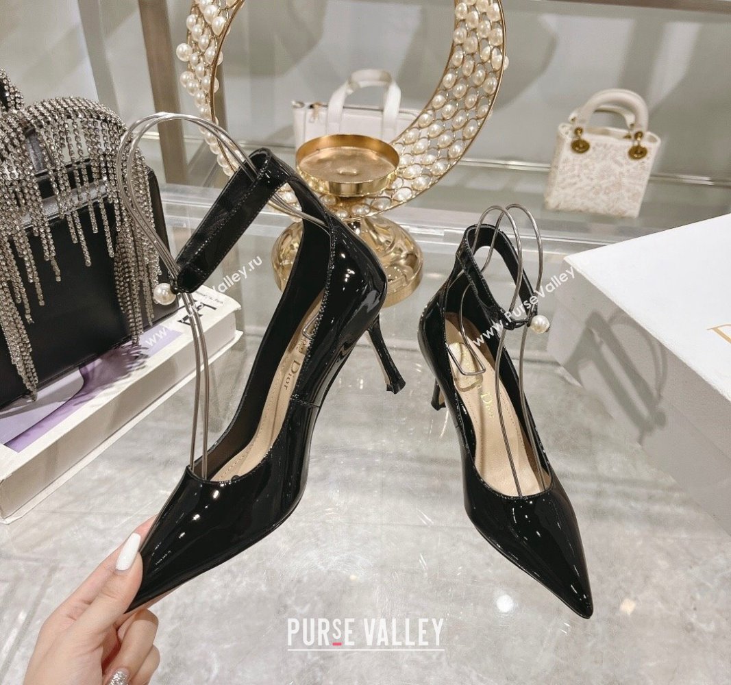 Dior Tribales Pumps 8.5cm with Pearl Ankle Strap in Patent Calfskin Black 2024 (MD-240702060)