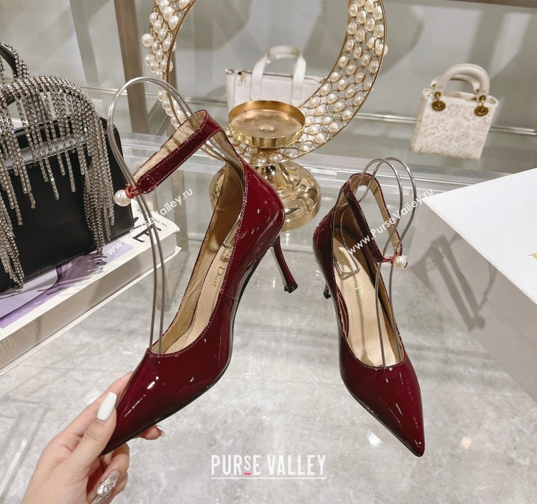 Dior Tribales Pumps 8.5cm with Pearl Ankle Strap in Patent Calfskin Red 2024 (MD-240702061)