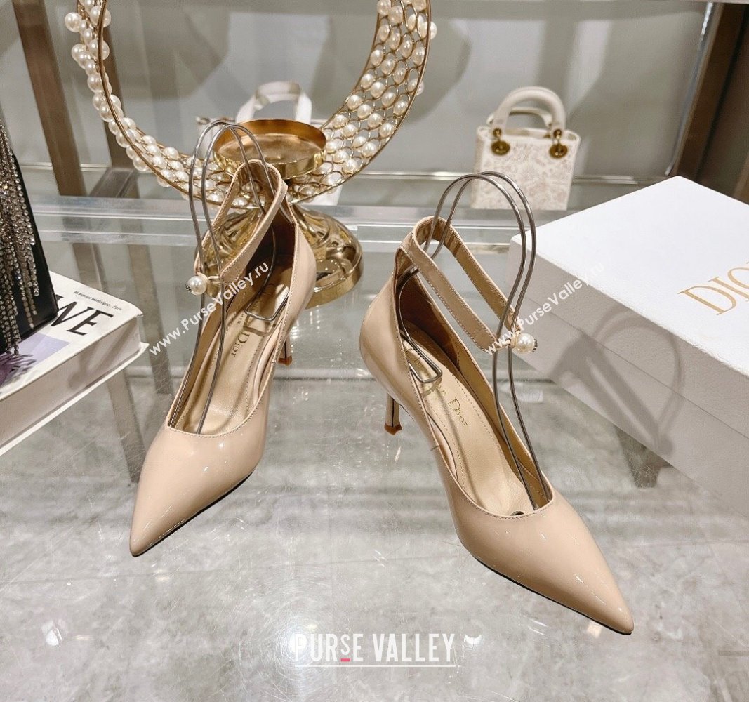 Dior Tribales Pumps 8.5cm with Pearl Ankle Strap in Patent Calfskin Nude 2024 (MD-240702062)