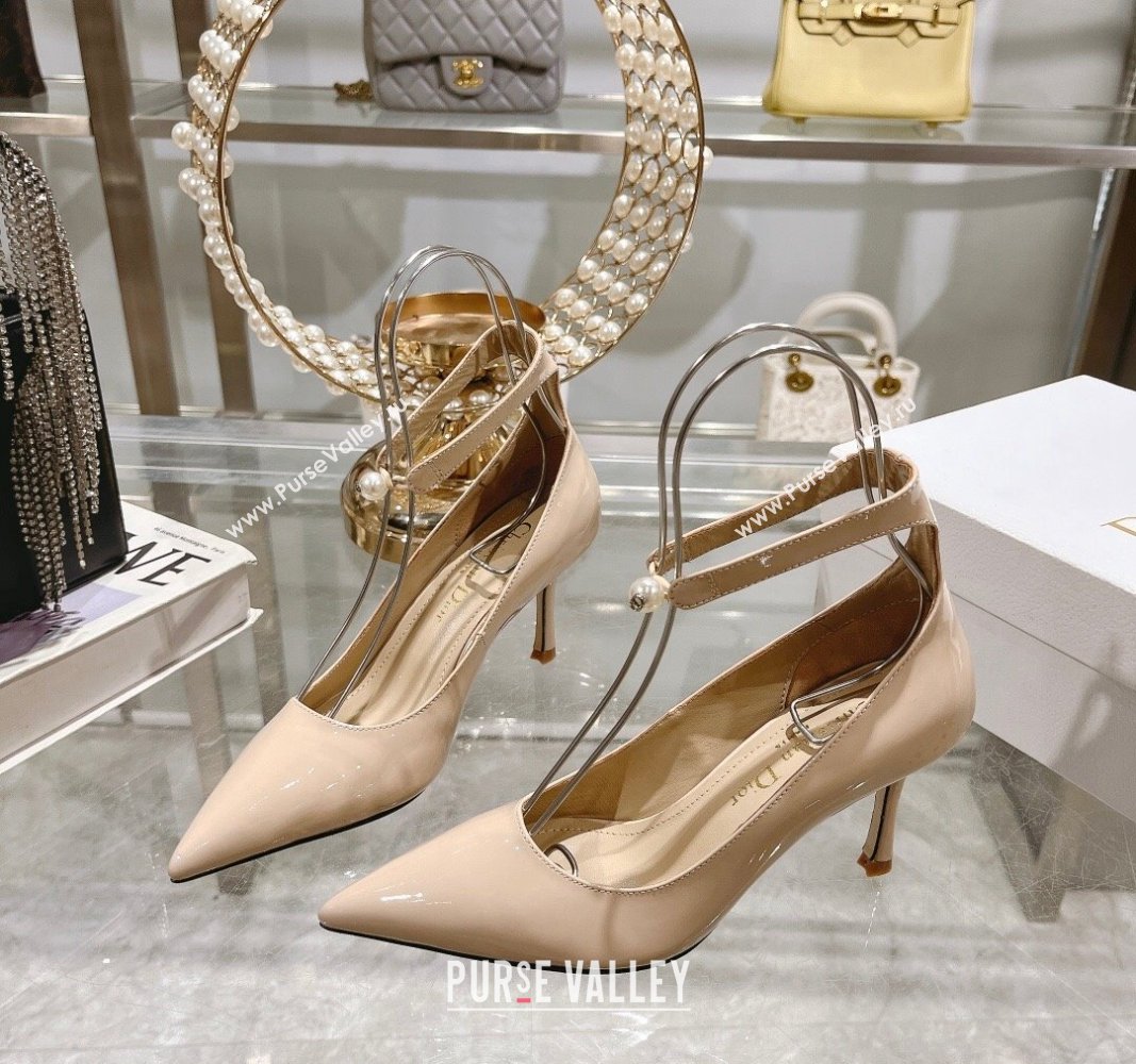 Dior Tribales Pumps 8.5cm with Pearl Ankle Strap in Patent Calfskin Nude 2024 (MD-240702062)