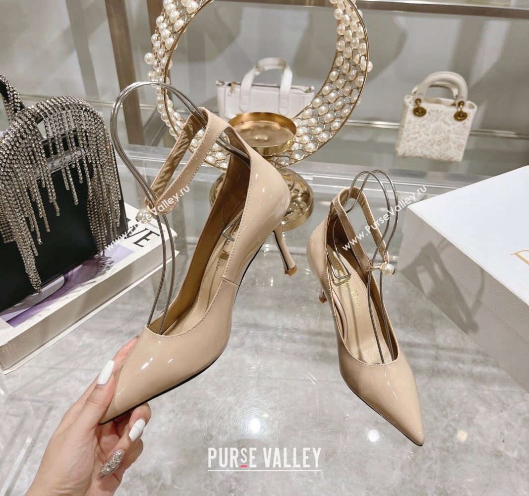 Dior Tribales Pumps 8.5cm with Pearl Ankle Strap in Patent Calfskin Nude 2024 (MD-240702062)