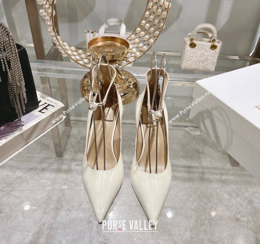 Dior Tribales Pumps 8.5cm with Pearl Ankle Strap in Patent Calfskin White 2024 (MD-240702063)