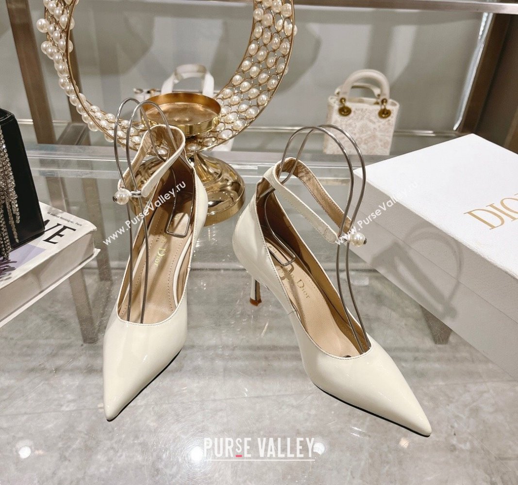 Dior Tribales Pumps 8.5cm with Pearl Ankle Strap in Patent Calfskin White 2024 (MD-240702063)