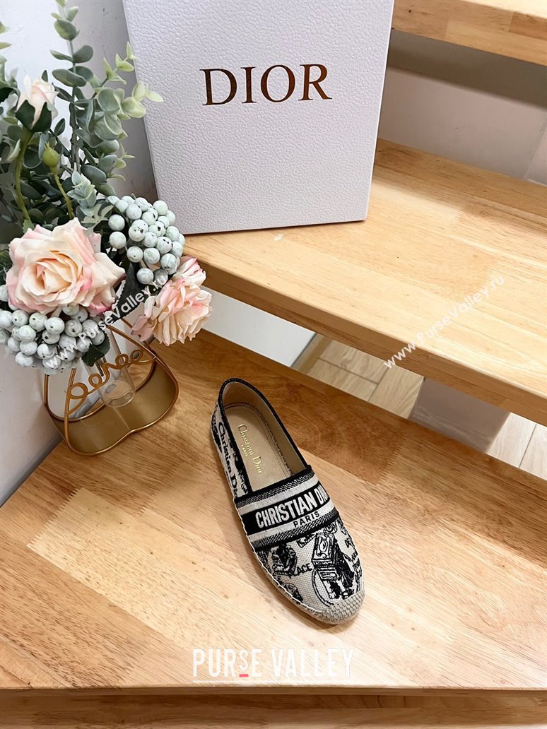 Dior Granville Espadrilles Flat in White and Navy Blue Cotton Embroidered with Plan de Paris Motif 2024 (HB-240702068)