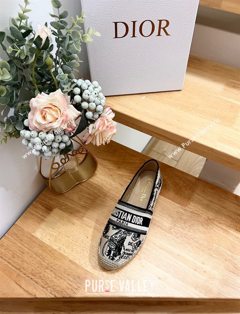 Dior Granville Espadrilles Flat in White and Navy Blue Cotton Embroidered with Plan de Paris Motif 2024 (HB-240702068)