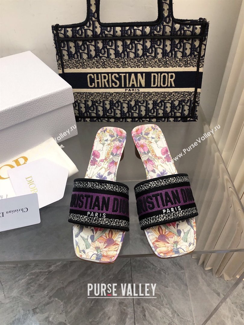 Dior Dway Heel Slides Sandal 3.5cm in Purple Multicolor Cotton and Embroidered Dior 4 Saisons Éte Motif NO.164 (MD-240702028)