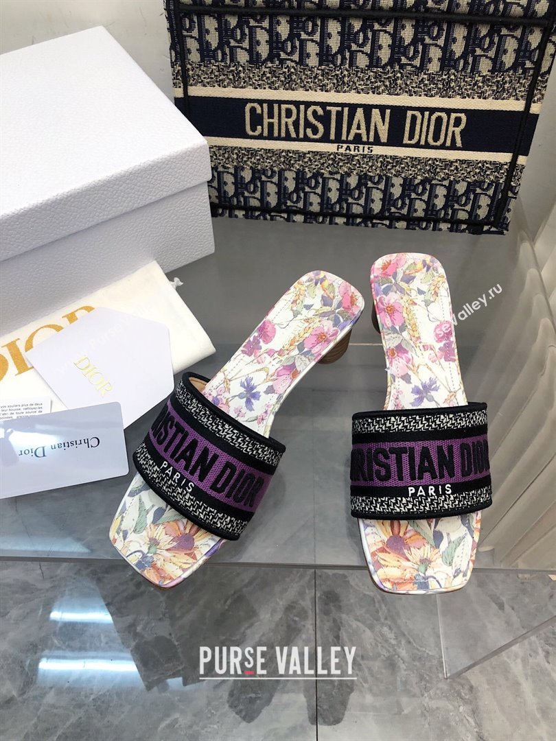 Dior Dway Heel Slides Sandal 3.5cm in Purple Multicolor Cotton and Embroidered Dior 4 Saisons Éte Motif NO.164 (MD-240702028)