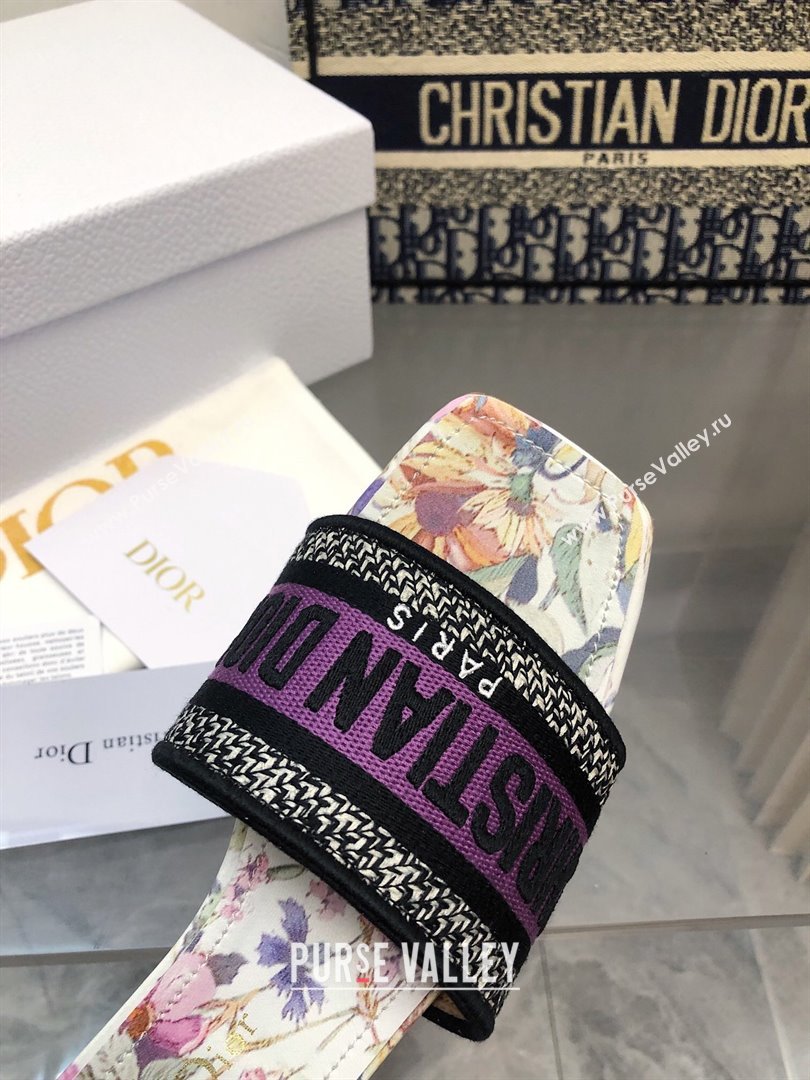 Dior Dway Heel Slides Sandal 3.5cm in Purple Multicolor Cotton and Embroidered Dior 4 Saisons Éte Motif NO.164 (MD-240702028)