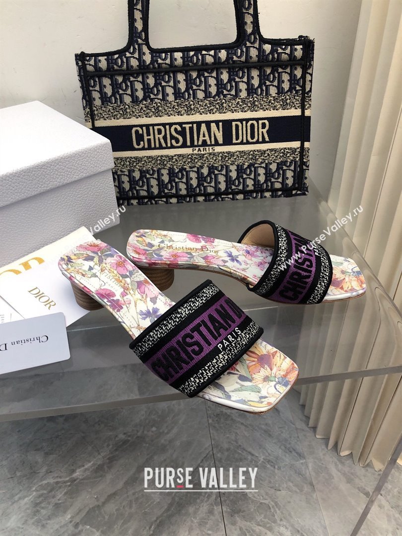 Dior Dway Heel Slides Sandal 3.5cm in Purple Multicolor Cotton and Embroidered Dior 4 Saisons Éte Motif NO.164 (MD-240702028)