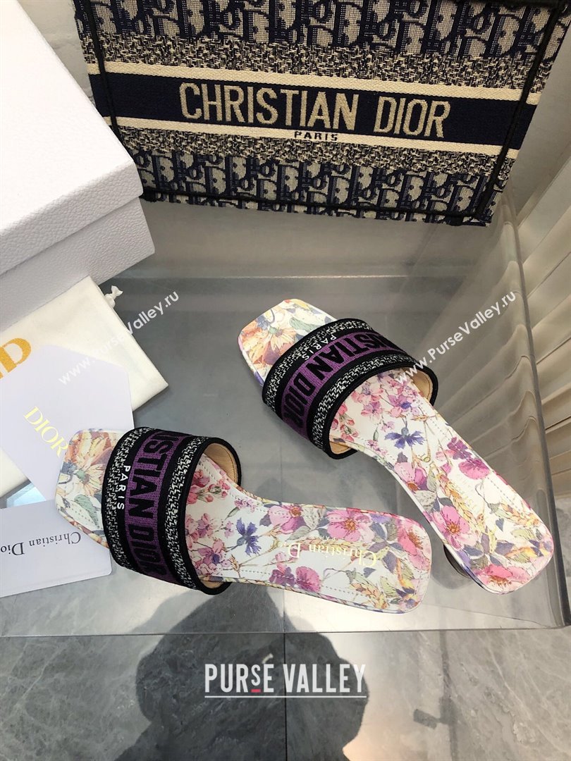 Dior Dway Heel Slides Sandal 3.5cm in Purple Multicolor Cotton and Embroidered Dior 4 Saisons Éte Motif NO.164 (MD-240702028)