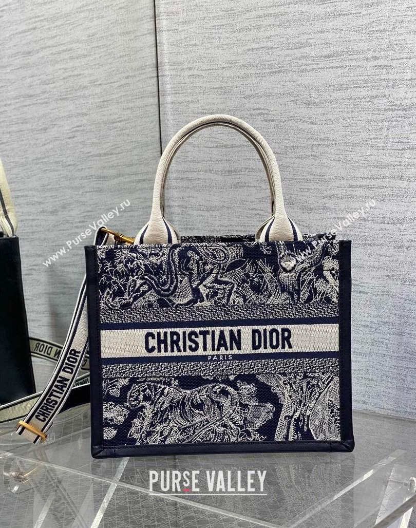 Dior Small Book Tote bag in Blue Toile de Jouy Reverse Embroidery and Calfskin 2024 0715 (XXG-240715095)