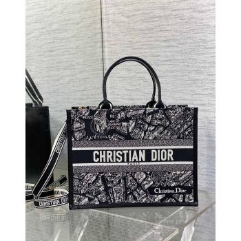 Dior Medium Book Tote bag in Black and White Plan de Paris Embroidery 2024 0715 (XXG-240715098)