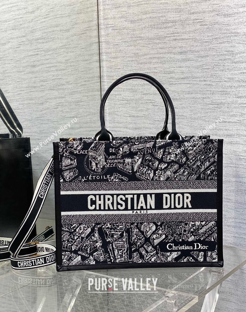 Dior Medium Book Tote bag in Black and White Plan de Paris Embroidery 2024 0715 (XXG-240715098)