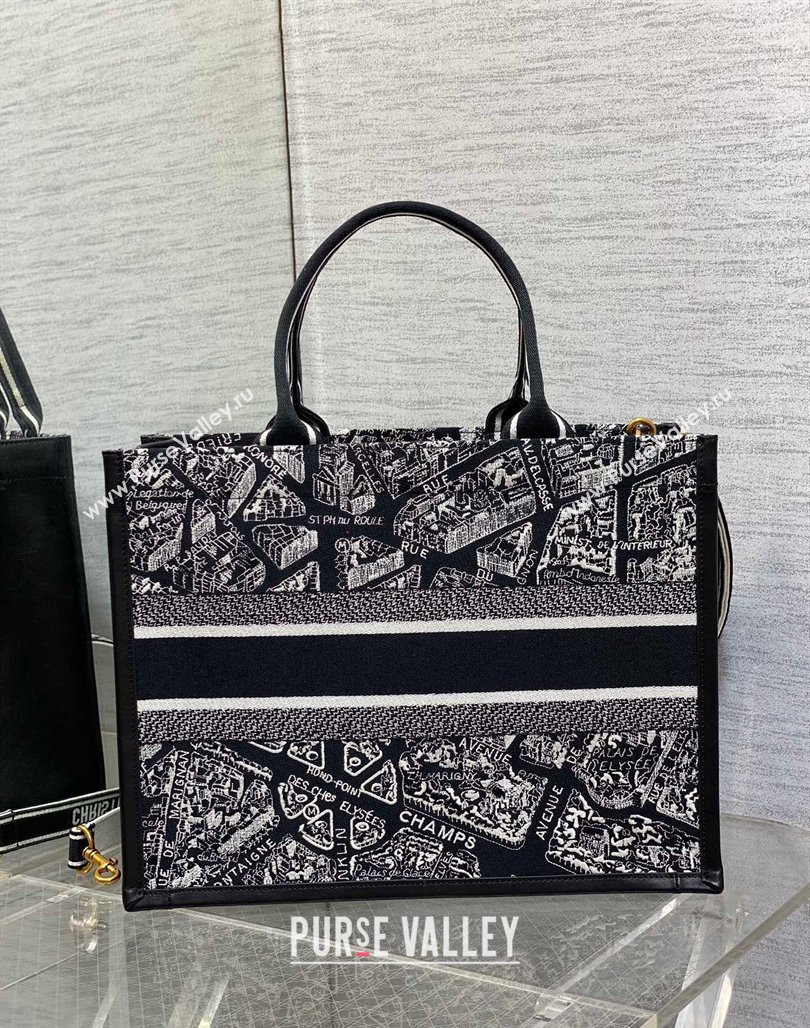 Dior Medium Book Tote bag in Black and White Plan de Paris Embroidery 2024 0715 (XXG-240715098)