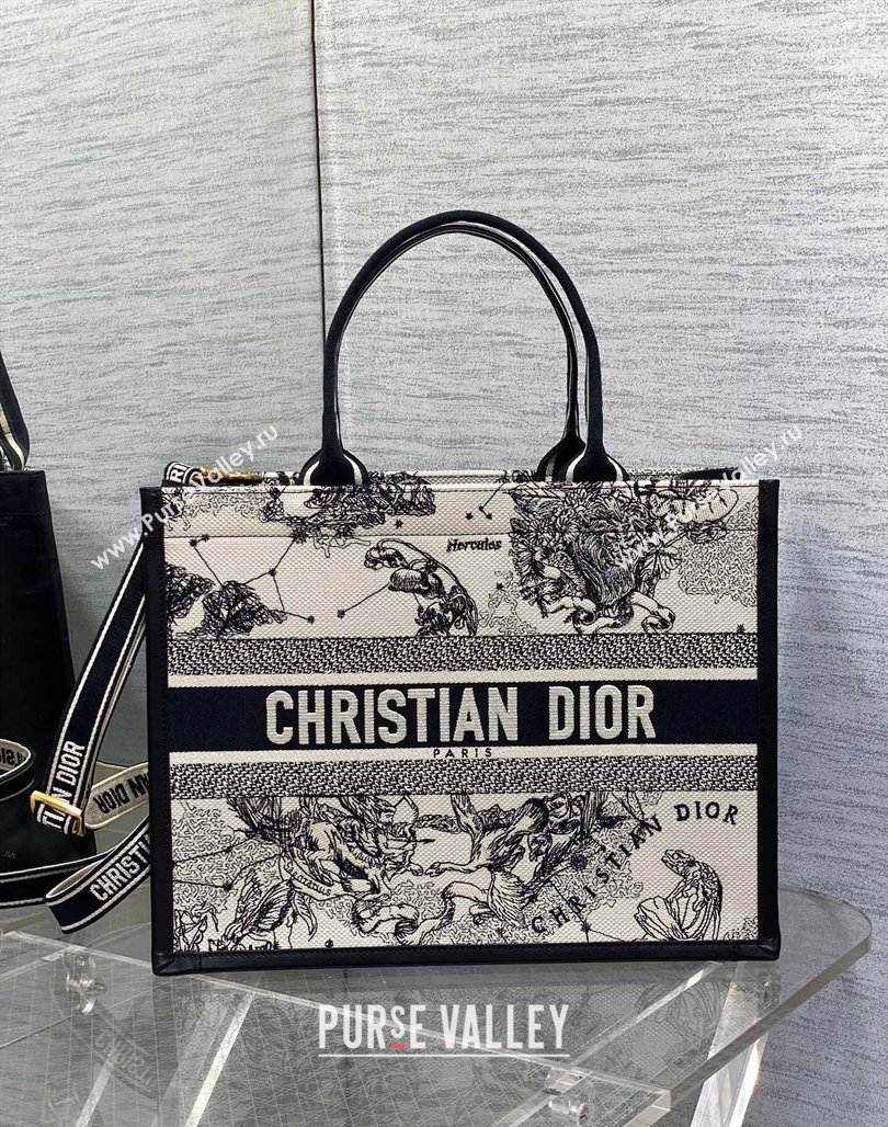 Dior Medium Book Tote bag in Zodiac Embroidery and Calfskin White/Blue 2024 0715 (XXG-240715100)