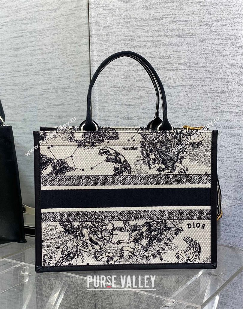 Dior Medium Book Tote bag in Zodiac Embroidery and Calfskin White/Blue 2024 0715 (XXG-240715100)