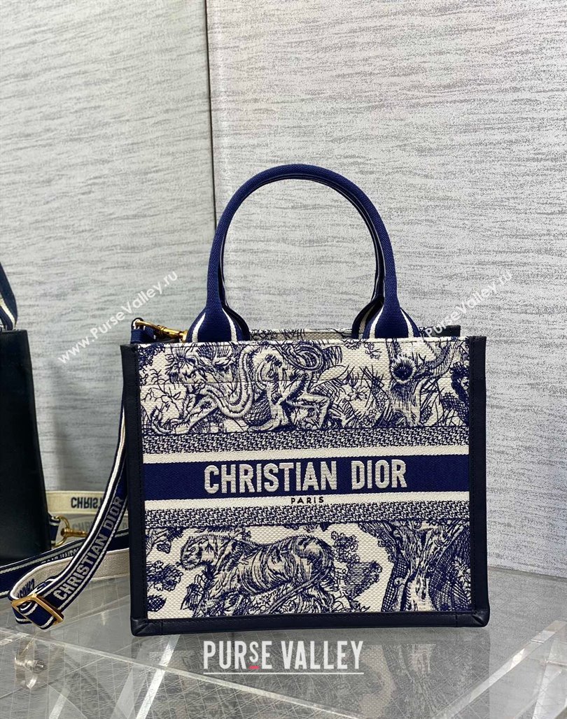 Dior Small Book Tote bag in Toile de Jouy Reverse Embroidery and Calfskin White/Navy Blue 2024 0715 (XXG-240715097)