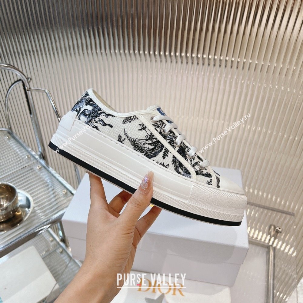 Dior WalknDior Platform Sneakers 4.5cm in White Cotton Embroidered with Blue Toile de Jouy Soleil Motif 2024 (MD-2407230068)