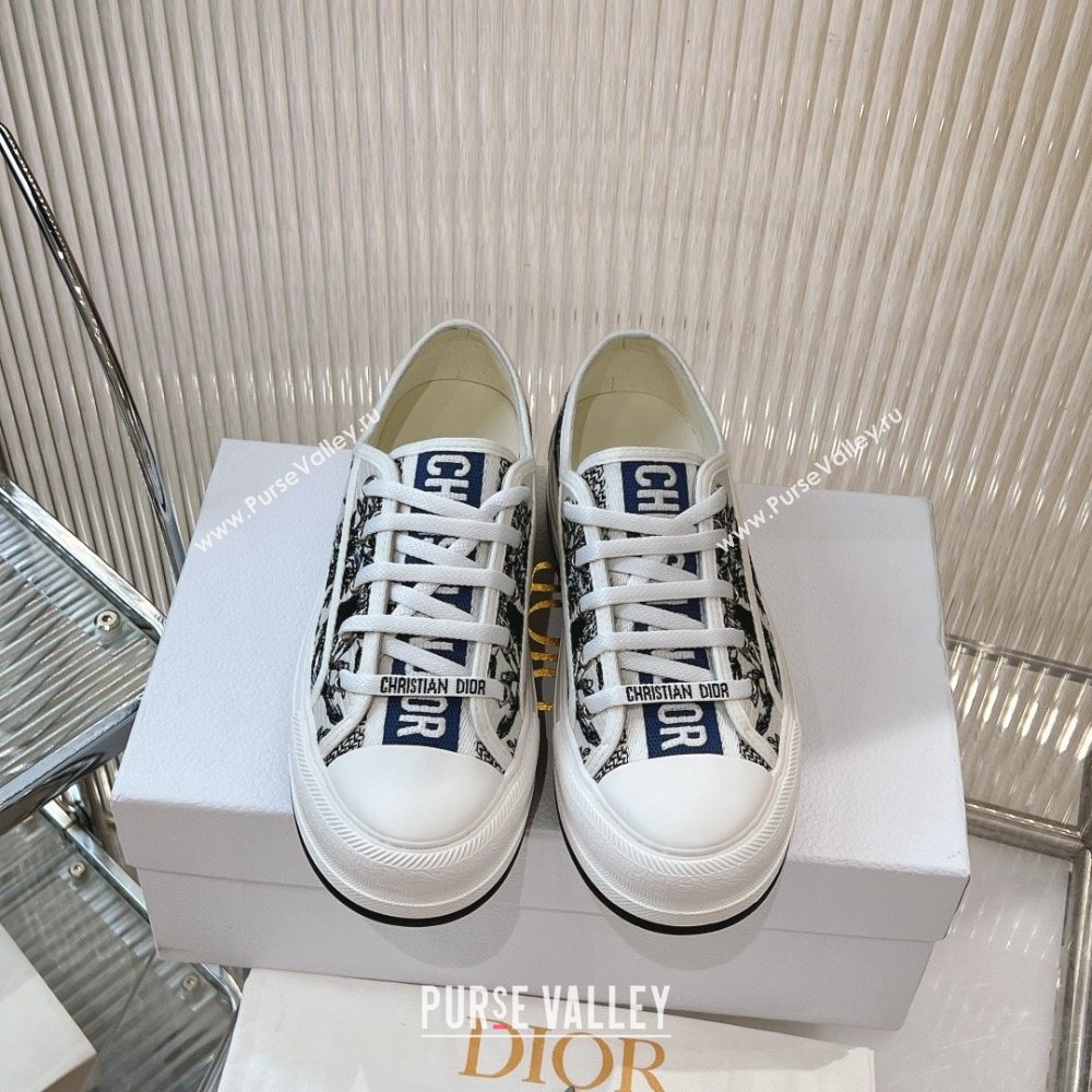 Dior WalknDior Platform Sneakers 4.5cm in White Cotton Embroidered with Blue Toile de Jouy Soleil Motif 2024 (MD-2407230068)