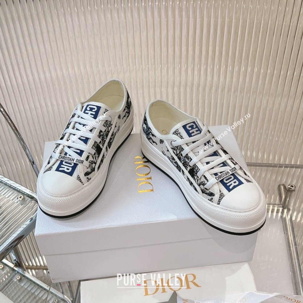 Dior WalknDior Platform Sneakers 4.5cm in White Cotton Embroidered with Blue Toile de Jouy Soleil Motif 2024 (MD-2407230068)