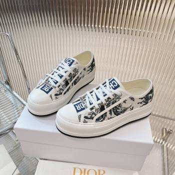 Dior WalknDior Platform Sneakers 4.5cm in White Cotton Embroidered with Blue Toile de Jouy Soleil Motif 2024 (MD-2407230068)