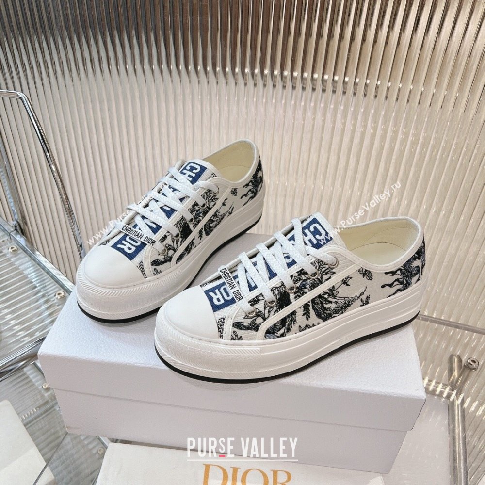 Dior WalknDior Platform Sneakers 4.5cm in White Cotton Embroidered with Blue Toile de Jouy Soleil Motif 2024 (MD-2407230068)