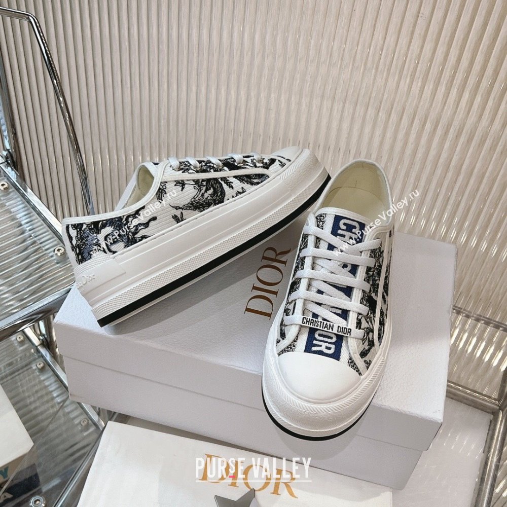 Dior WalknDior Platform Sneakers 4.5cm in White Cotton Embroidered with Blue Toile de Jouy Soleil Motif 2024 (MD-2407230068)