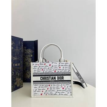 Dior Dioramour Small Book Tote Bag in White Embroidery with Black and Red Heart Je Vous Adore Motif 2024 (XXG-240806002)