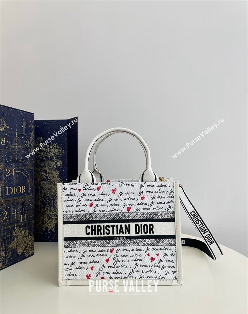 Dior Dioramour Small Book Tote Bag in White Embroidery with Black and Red Heart Je Vous Adore Motif 2024 (XXG-240806002)