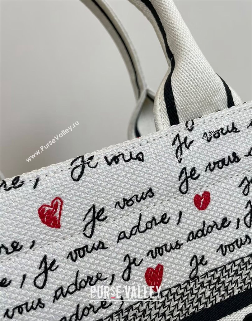 Dior Dioramour Small Book Tote Bag in White Embroidery with Black and Red Heart Je Vous Adore Motif 2024 (XXG-240806002)