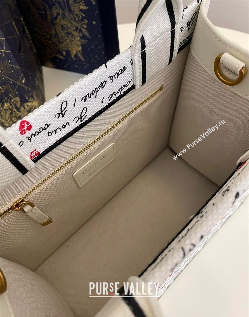 Dior Dioramour Small Book Tote Bag in White Embroidery with Black and Red Heart Je Vous Adore Motif 2024 (XXG-240806002)