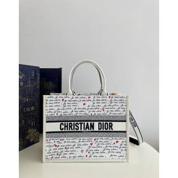 Dior Dioramour Medium Book Tote Bag in White Embroidery with Black and Red Heart Je Vous Adore Motif 2024 (XXG-240806003)