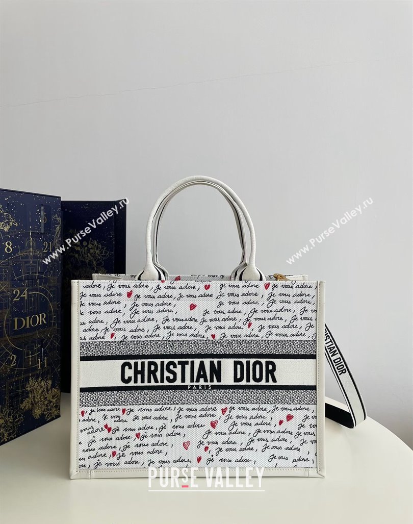 Dior Dioramour Medium Book Tote Bag in White Embroidery with Black and Red Heart Je Vous Adore Motif 2024 (XXG-240806003)