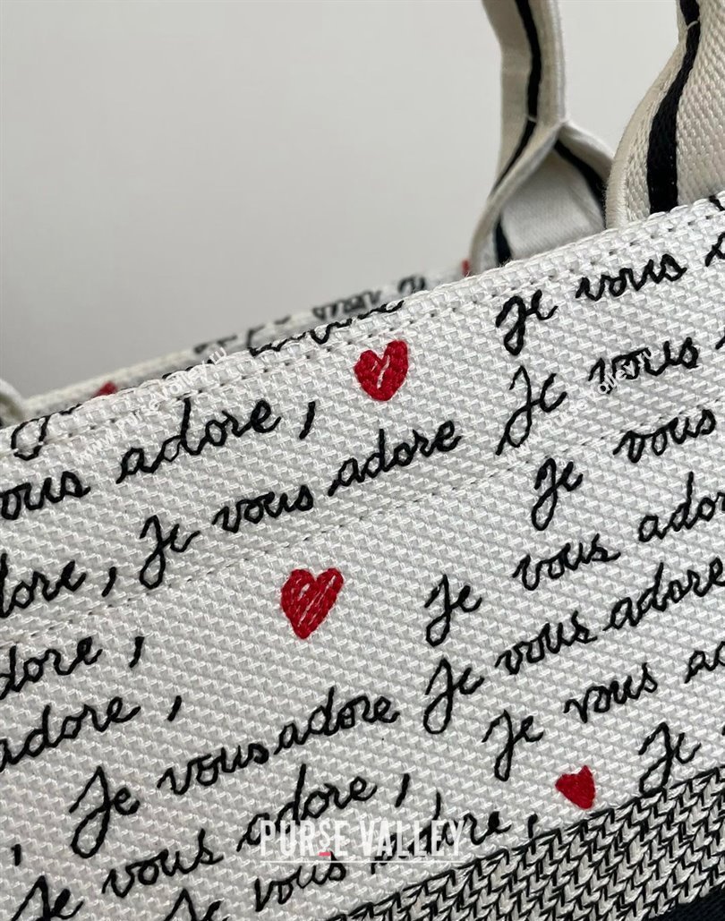 Dior Dioramour Medium Book Tote Bag in White Embroidery with Black and Red Heart Je Vous Adore Motif 2024 (XXG-240806003)