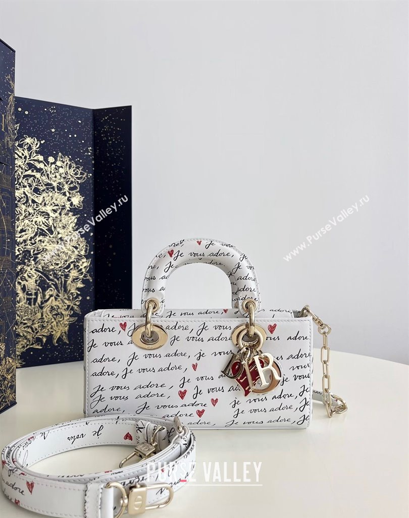 Dior Dioramour Small Lady D-Joy Bag in White Calfskin with Black and Red Heart Je Vous Adore Print 2024 (BF-240806004)