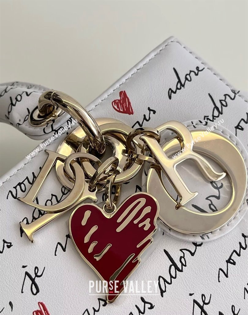 Dior Dioramour Small Lady D-Joy Bag in White Calfskin with Black and Red Heart Je Vous Adore Print 2024 (BF-240806004)