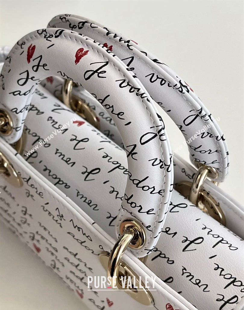 Dior Dioramour Small Lady D-Joy Bag in White Calfskin with Black and Red Heart Je Vous Adore Print 2024 (BF-240806004)