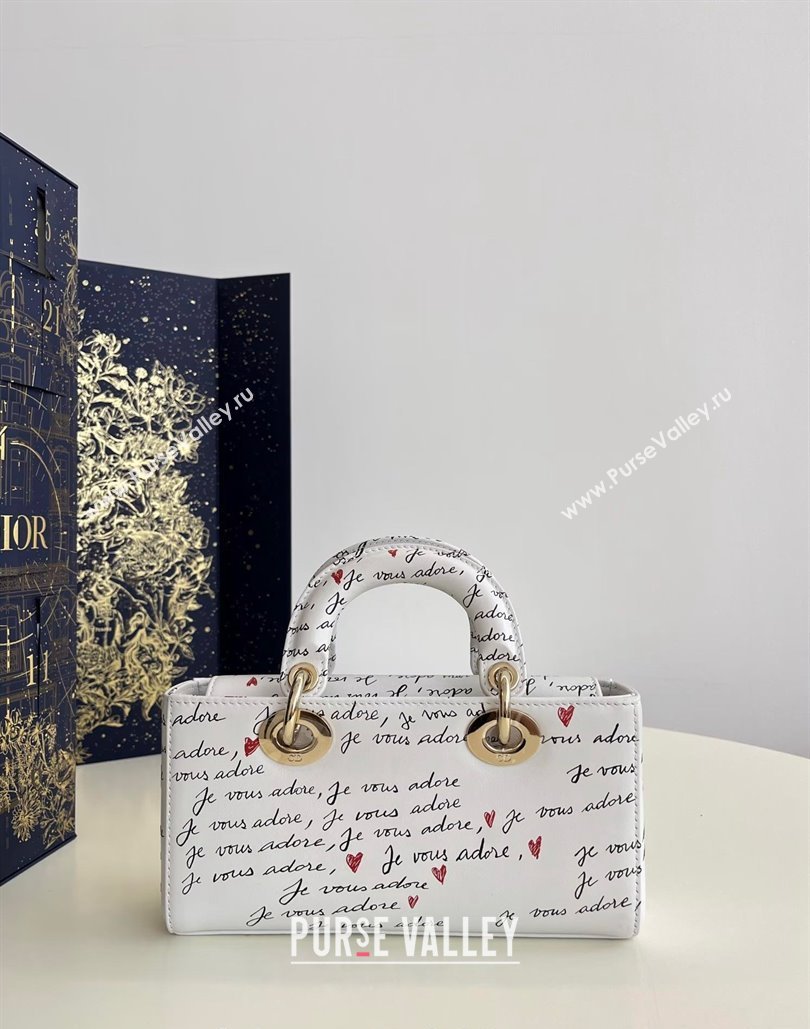 Dior Dioramour Small Lady D-Joy Bag in White Calfskin with Black and Red Heart Je Vous Adore Print 2024 (BF-240806004)