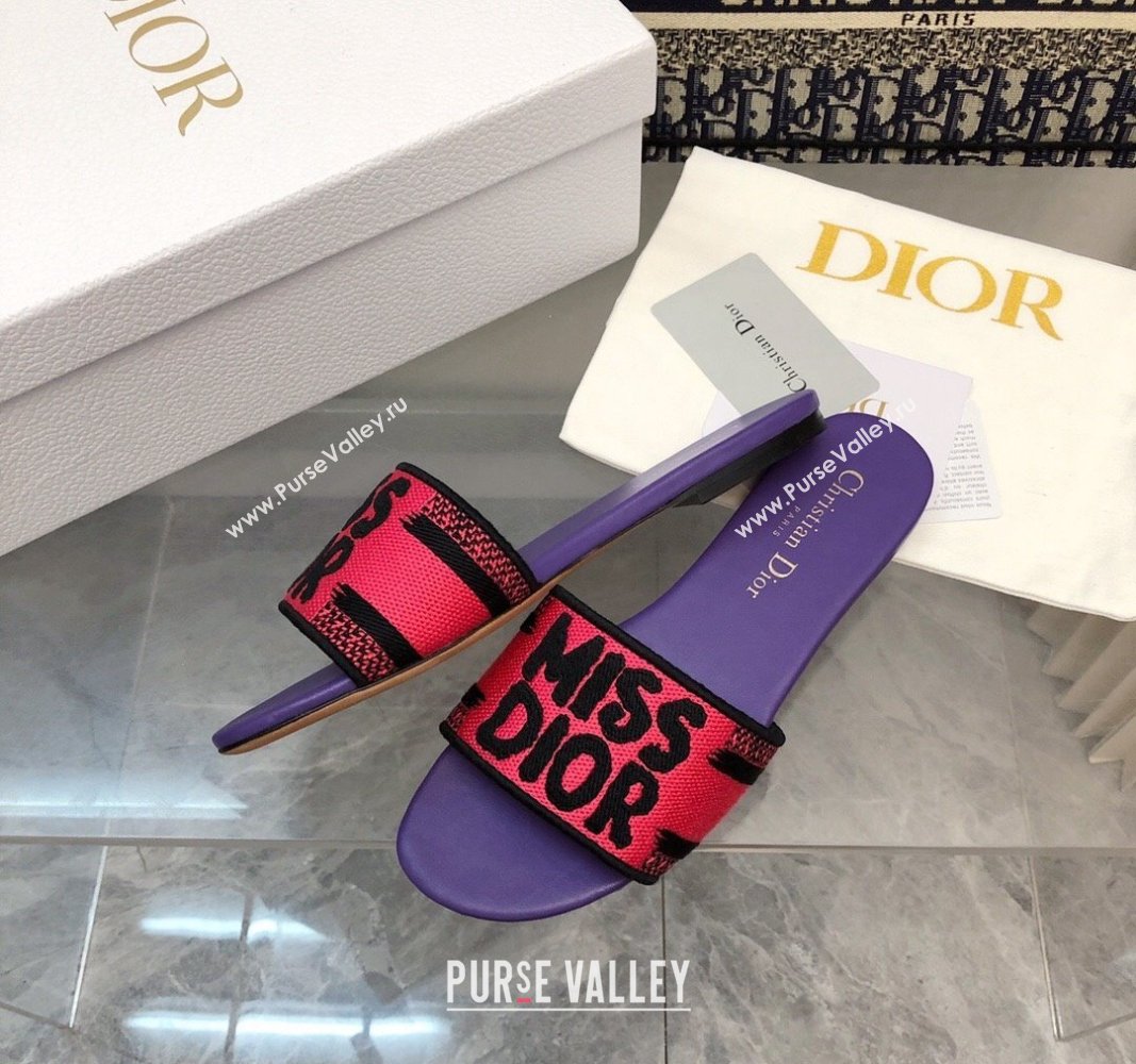 Dior Dway Flat Slides Sandal in Embroidered Cotton and Miss Dior Motif Pink/Purple 2024 No.193 (MD-240814016)