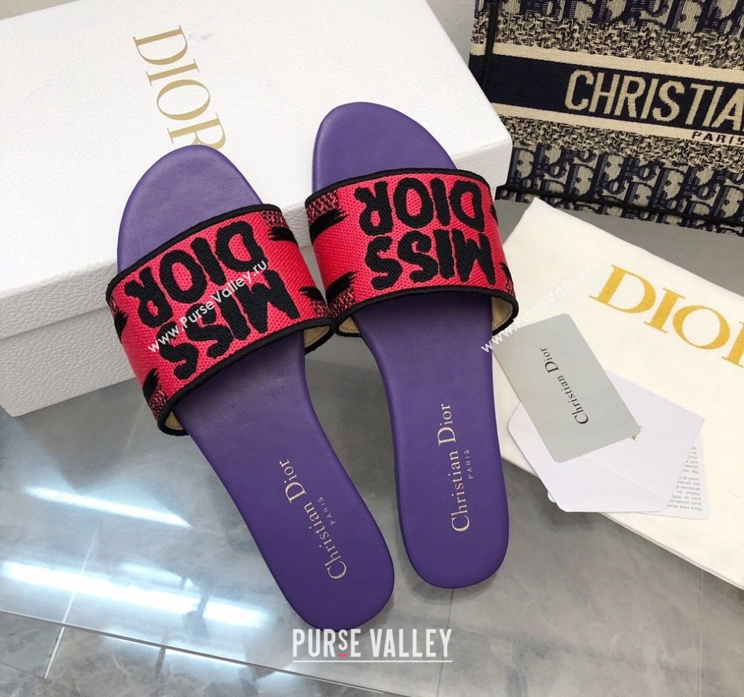 Dior Dway Flat Slides Sandal in Embroidered Cotton and Miss Dior Motif Pink/Purple 2024 No.193 (MD-240814016)