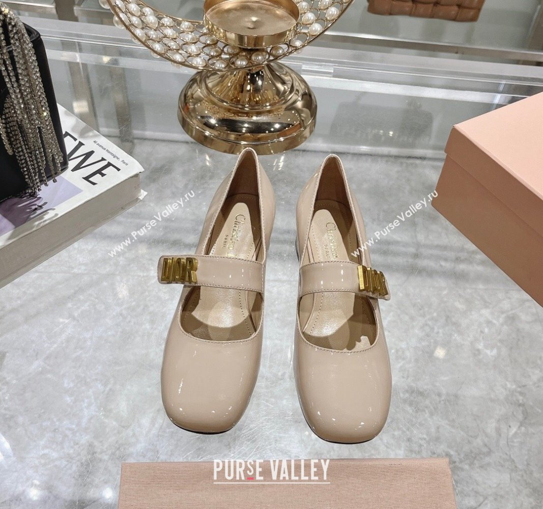 Dior Baby-D Mary Janes Pumps 4.5cm in Patent Leather Beige 2024 0814 (KL-240814002)