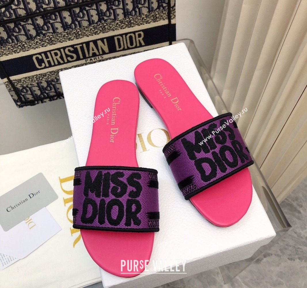 Dior Dway Flat Slides Sandal in Embroidered Cotton and Miss Dior Motif Pink/Purple 2024 No.191 (MD-240814018)