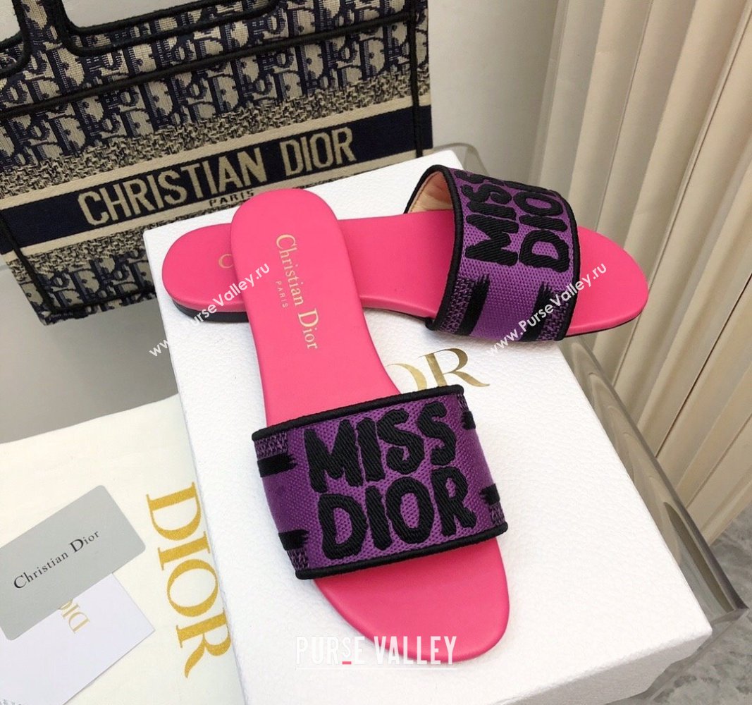 Dior Dway Flat Slides Sandal in Embroidered Cotton and Miss Dior Motif Pink/Purple 2024 No.191 (MD-240814018)