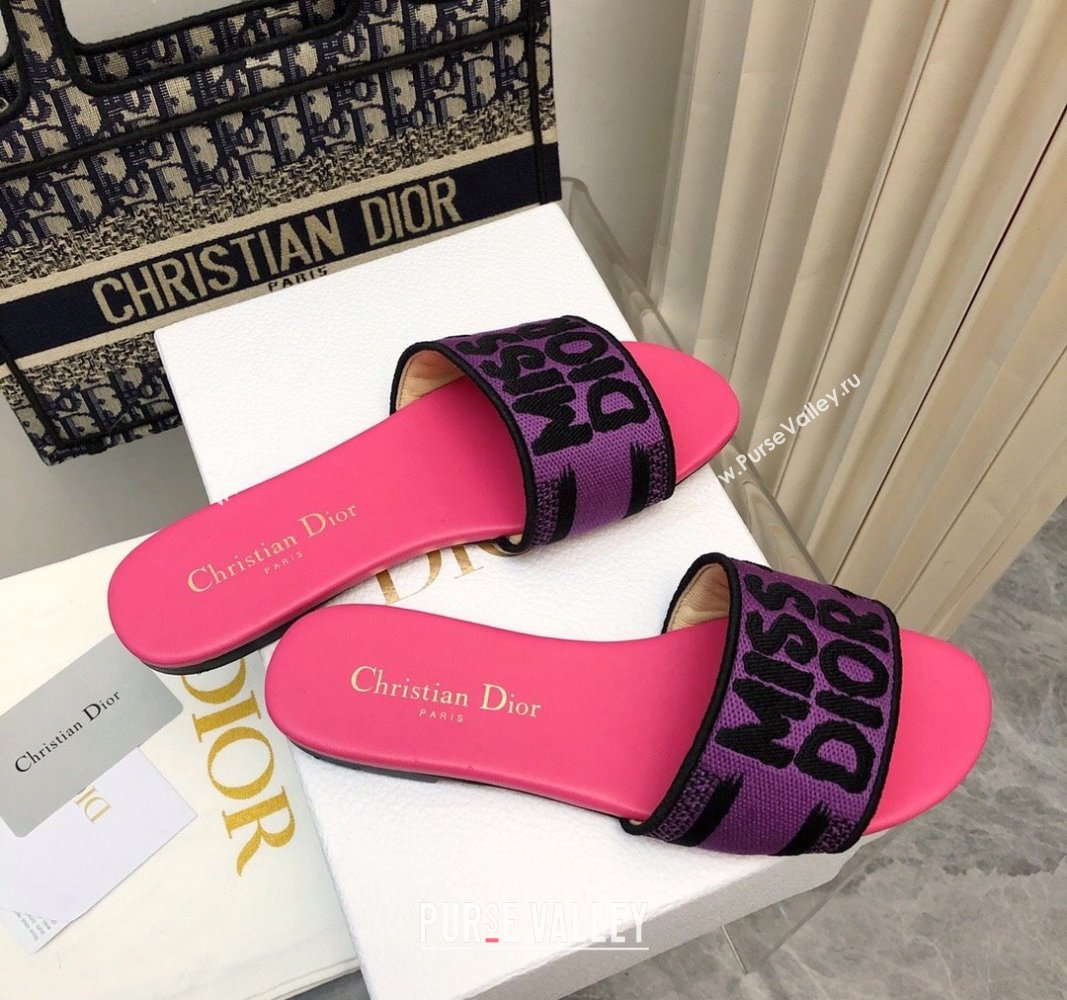 Dior Dway Flat Slides Sandal in Embroidered Cotton and Miss Dior Motif Pink/Purple 2024 No.191 (MD-240814018)